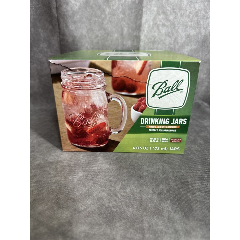 NEW 4-Pack Ball Drinking Mason Jars With Handles Set Clear Mugs 16 oz Boxed